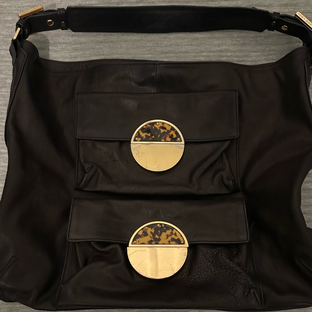 Tory Burch Black Leather Shoulder Bag with Gold and Tortoiseshell Accents